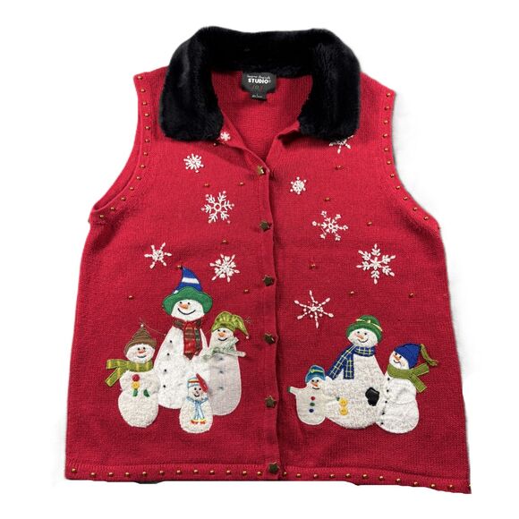 Designer Originals Studio Joy Snowman Sweater Vest Vintage Fur Collar Large I143 - Picture 1 of 10